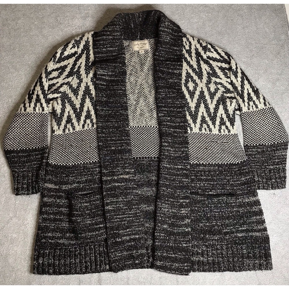 Lucky Brand Womens 3XL Wool Blend Black Gray White Cardigan Sweater Boho
